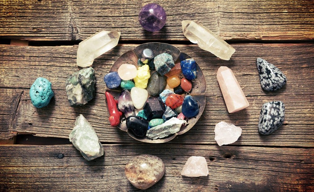 A selection of healing crystals on a table
